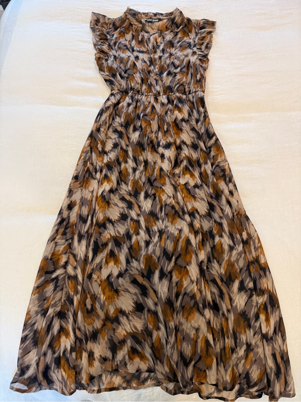 Steve Madden Brown Multi Feather-Print Midi Dress